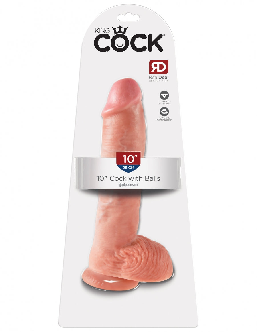 King Cock 10" Cock with Balls - Beige / White (with Suction Cup)