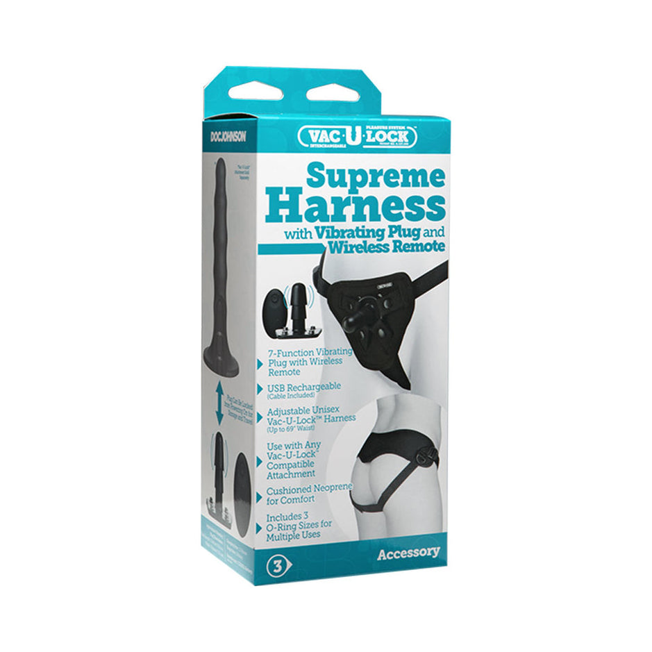 Vac-U-Lock Supreme Harness packaging with vibrating plug and wireless remote in box