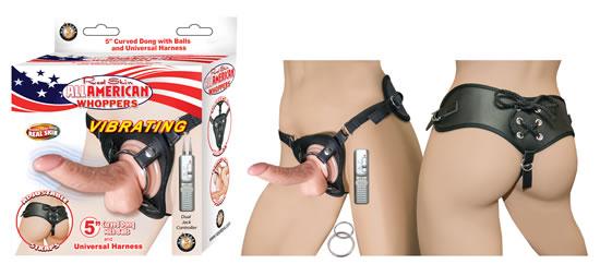 All American Whopper 5 inches Vibrating Curved Dong, & Harness Beige