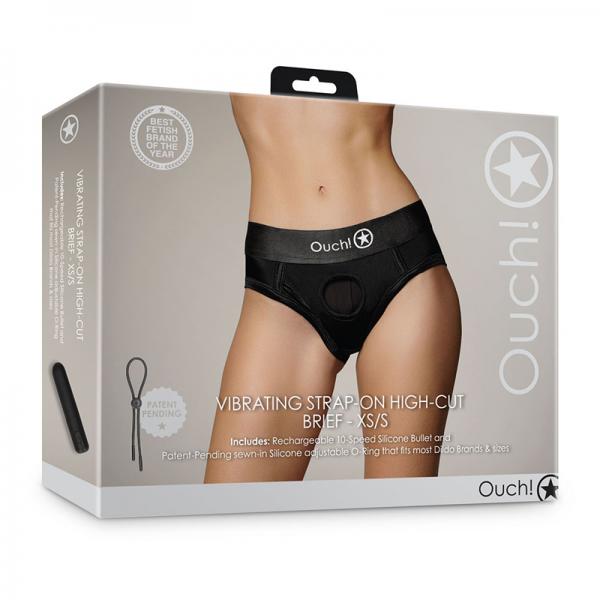 Shots Ouch! Vibrating Strap-on High-cut Brief Black Xs/s