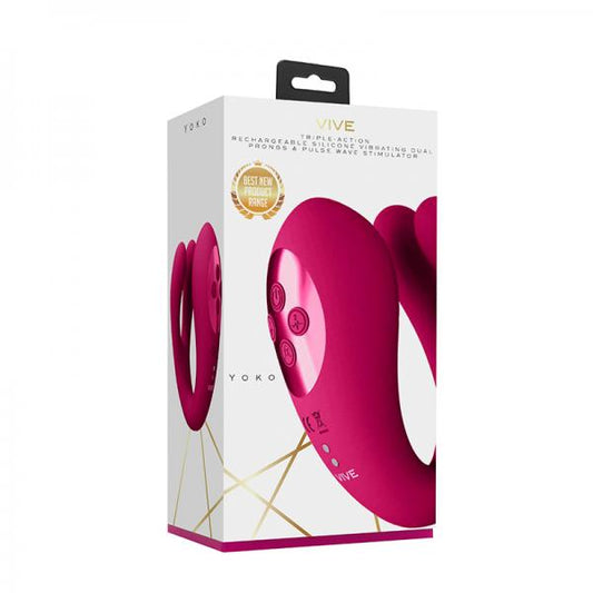 Vive Yoko Rechargeable Triple Action Silicone Vibrator Dual Prongs With Clitoral Pulse Wave Pink