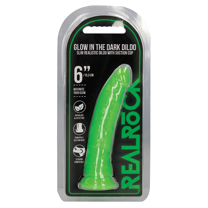 Realrock Glow In The Dark Slim 6 Inch Dildo - Neon Green in packaging